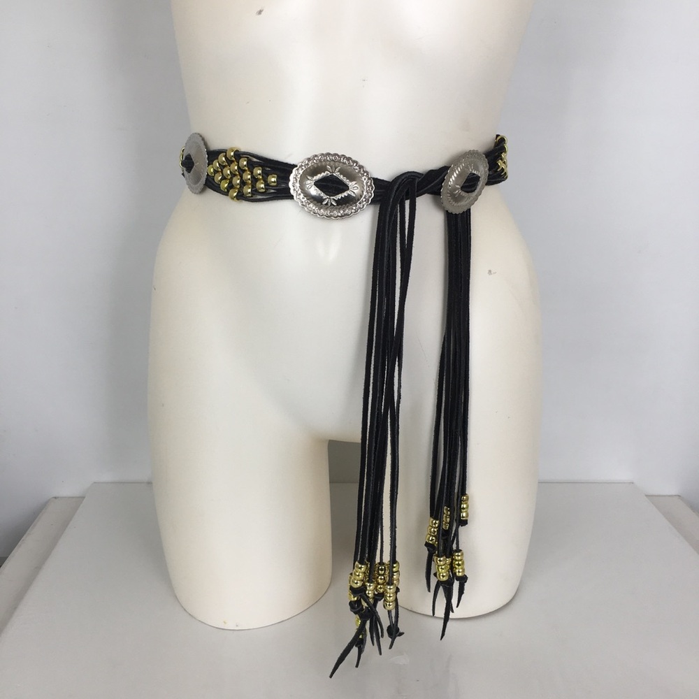 Vintage Boho Western Leather Concho Belt Black Silver Beaded Cowgirl - Picture 10 of 13